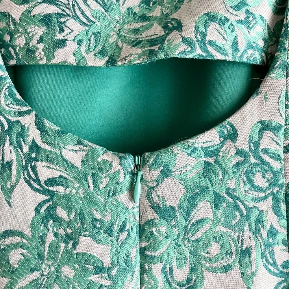 Yoana Baraschi Fit & Flare Jacquard‎ Cocktail Dress in Green Florals, Size 2